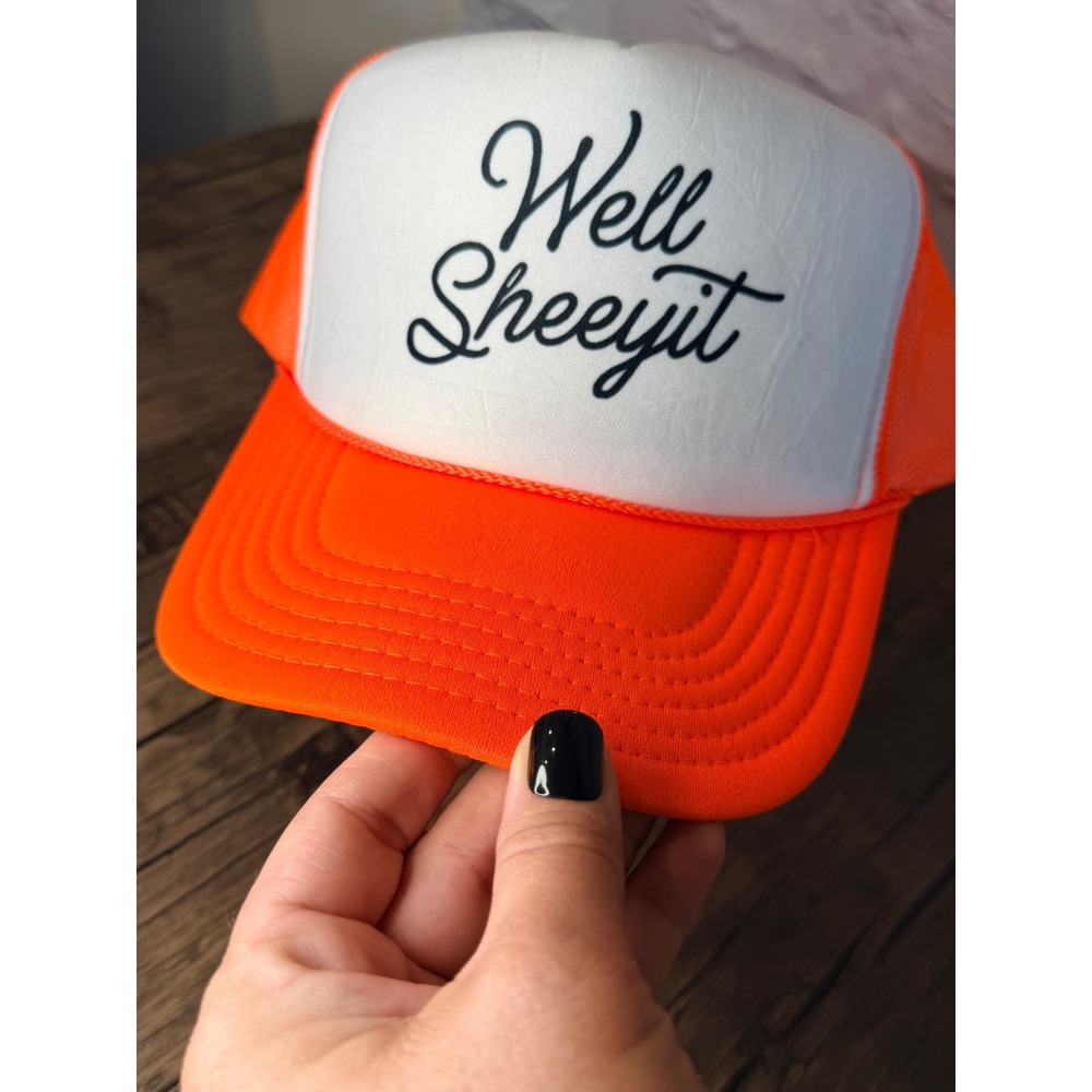 Well Sheeyit Neon Orange White Trucker Hat Snapback Mesh Cap Graphic Hat - Picture 5 of 5